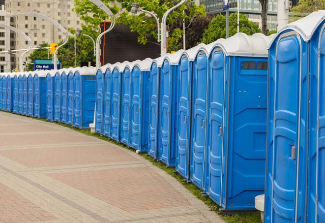 portable restrooms lined up at a marathon, ensuring runners can take a much-needed bathroom break in Benicia CA